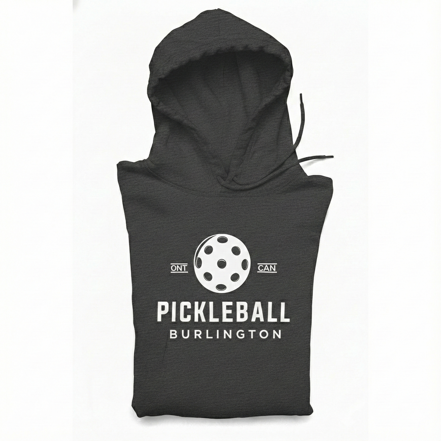 Dark gray sleeveless hoodie with pickleball design and text on a white background