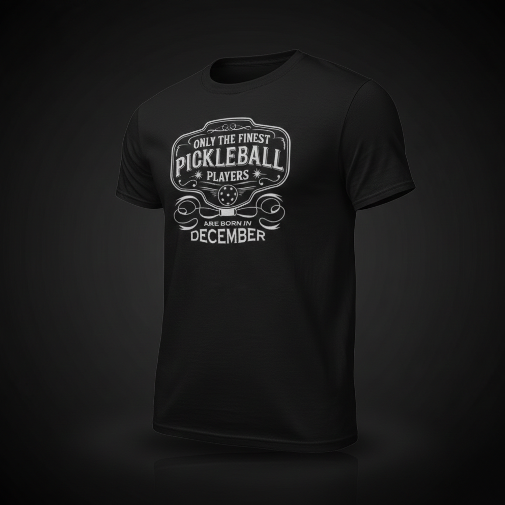 Black t-shirt with white graphic and text on a dark background. Gift for the pickleballer