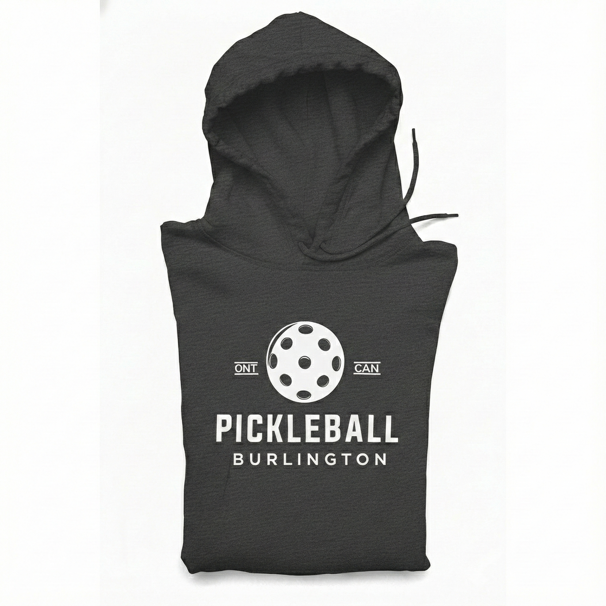 Dark gray sleeveless hoodie with pickleball design and text on a white background