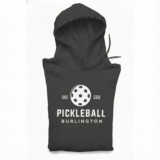 Dark gray sleeveless hoodie with pickleball design and text on a white background