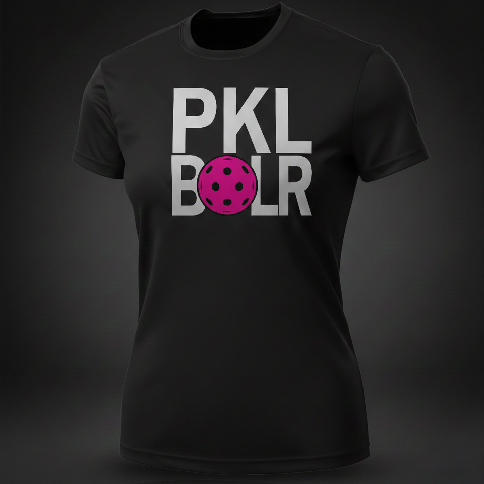 Black t-shirt with 'PKL BOLR' text and pink pickleball ball graphic on a dark background