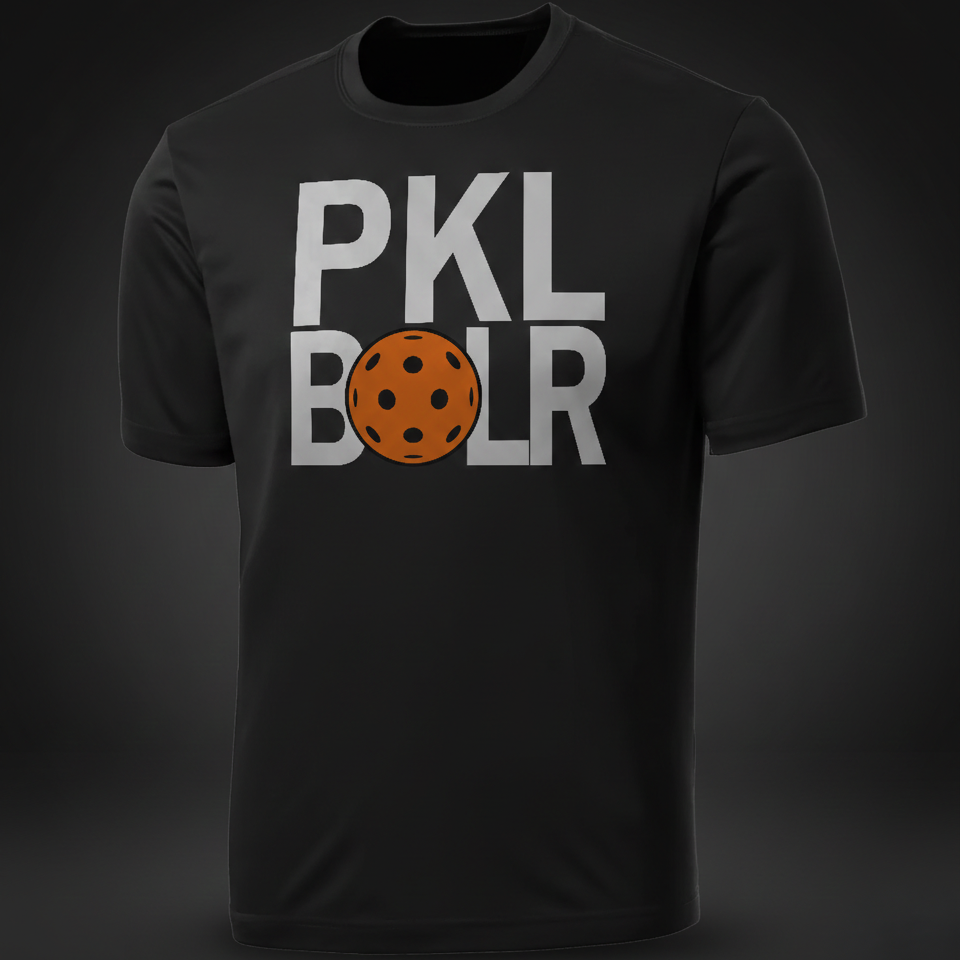 Black t-shirt with 'PKL BOLR' text and pickleball ball graphic on a dark background