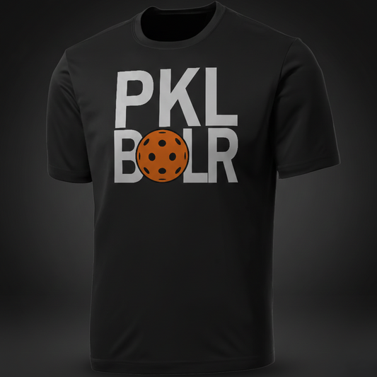 Black t-shirt with 'PKL BOLR' text and pickleball ball graphic on a dark background
