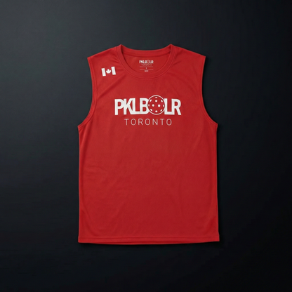 Red sleeveless shirt with 'Pikbolr Toronto' logo on a black background