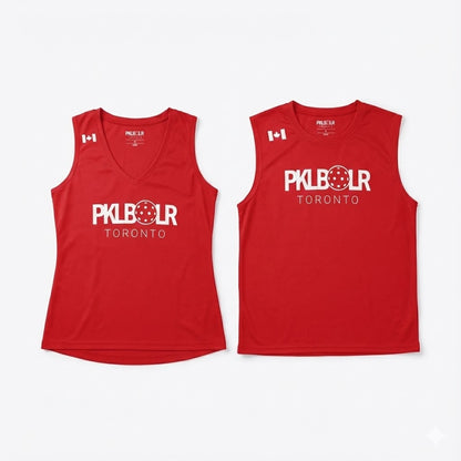 Red sleeveless sports jerseys with 'Piklbolr Toronto' text on a white background