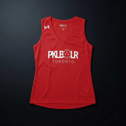 Red sleeveless shirt with 'PKL BOLR Toronto' text on a black background