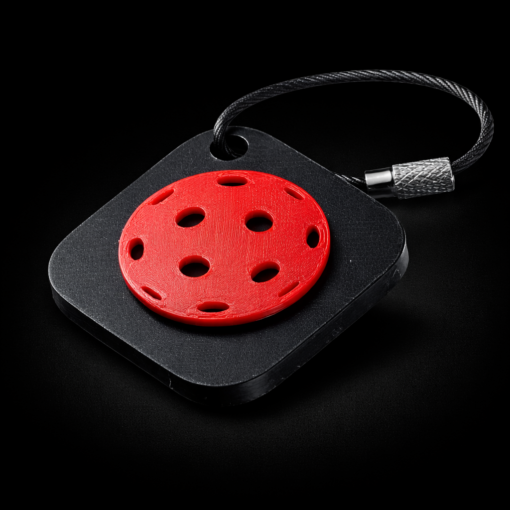 Black square NFC keychain with a pickleball design.