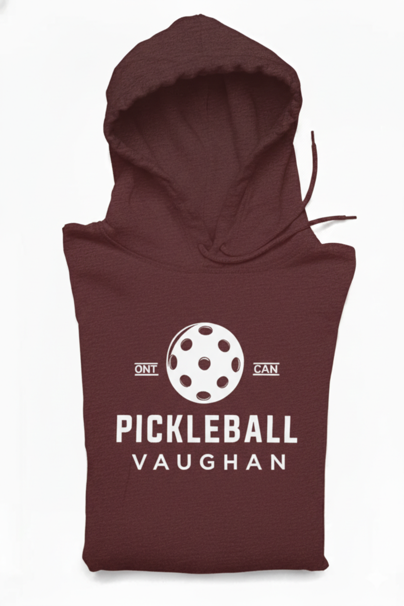 Maroon hoodie with pickleball design and text on a white background