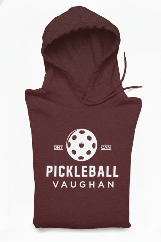 Maroon hoodie with pickleball design and text on a white background