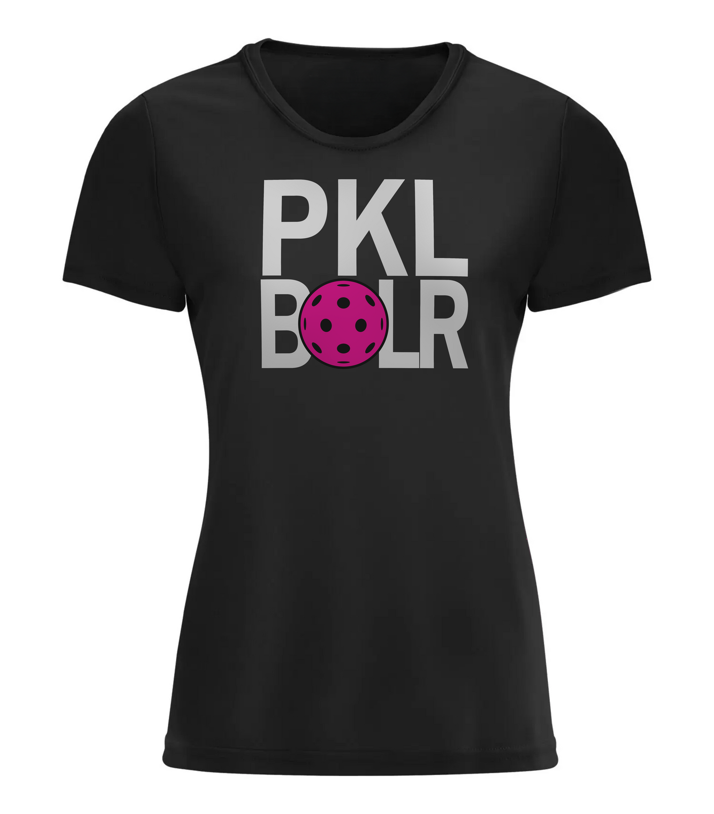 Black t-shirt with 'PKL BOLR' text and pink ball graphic on a white background